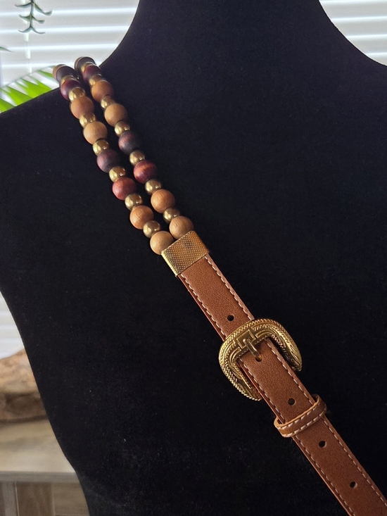 Accessories - Brown Wood Beaded Belt With Gold Accents